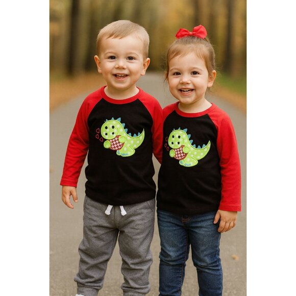 Toddler's Dinosaur Raglan Shirt - Red & Black - Cute Dino Design - Long Sleeve 5 - Picture 1 of 2